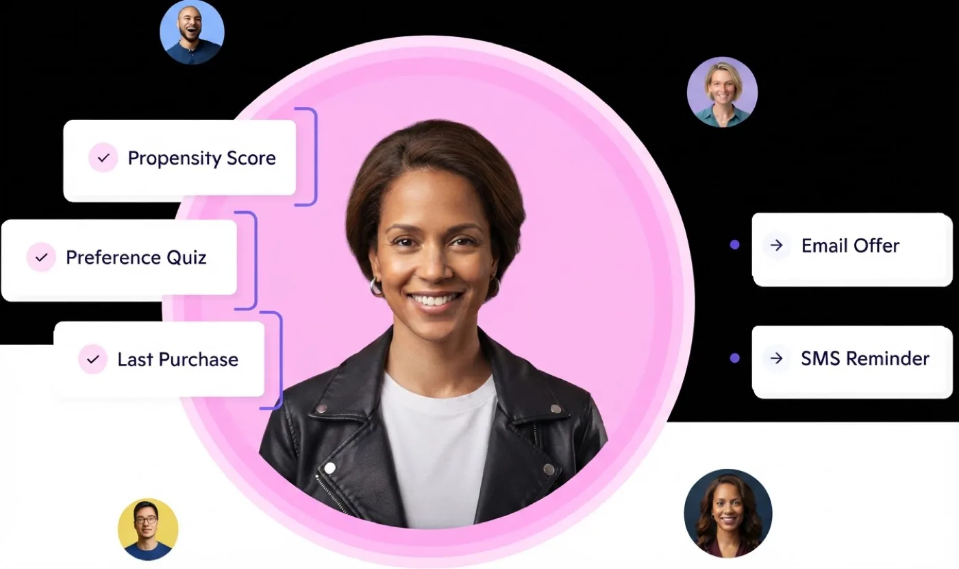A customer scored on propensity, quiz answers and last purchase, routed to email and SMS